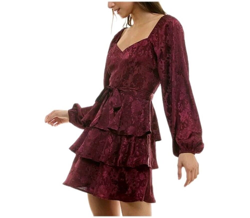 Altar'd State Mini Dress Womens S Red Tie Waist Balloon Sleeve Ruffle Wrap Front